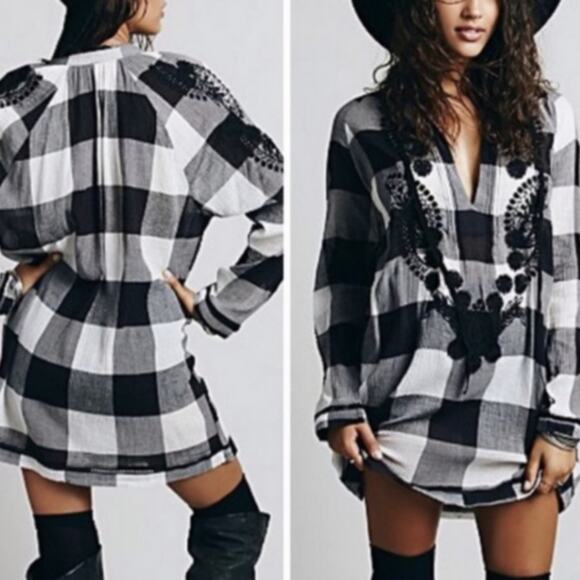 Free People Fall Festival Embroidered Jeweled Plaid Tunic Women's Size Small - Picture 1 of 12